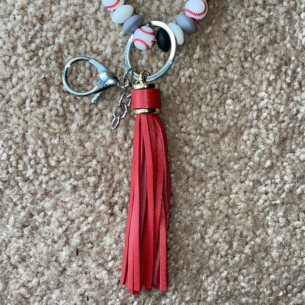 Baseball Bead Bracelet Wrist Keychain Leather Tassel  Key Ring Bag Accessories - Picture 4 of 7